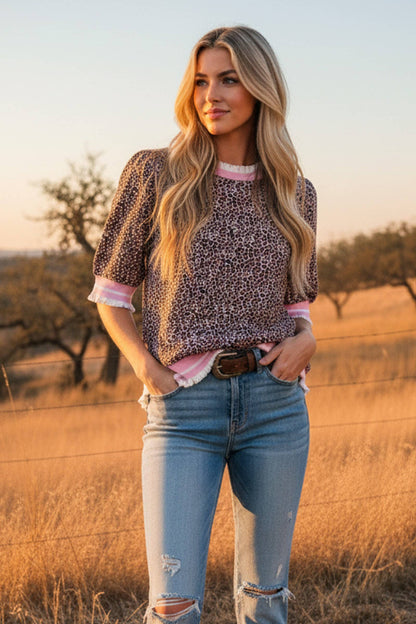 Leopard Print Knit Top with Contrast Trim: TAUPE COMBO