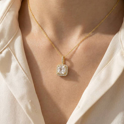 Gold Dipped Square Rhinestone Pendant Necklace: G