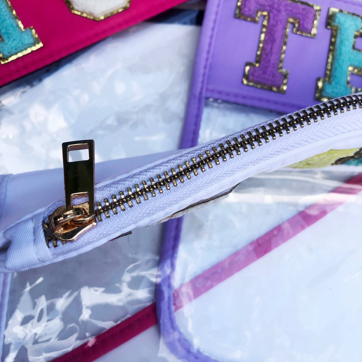 Varsity Letter Patch Clear Zippered Pouch Bag: White with TRAVEL