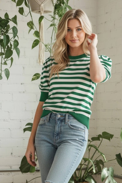 Striped Puff Sleeve Knit Sweater Top: GREEN/WHITE