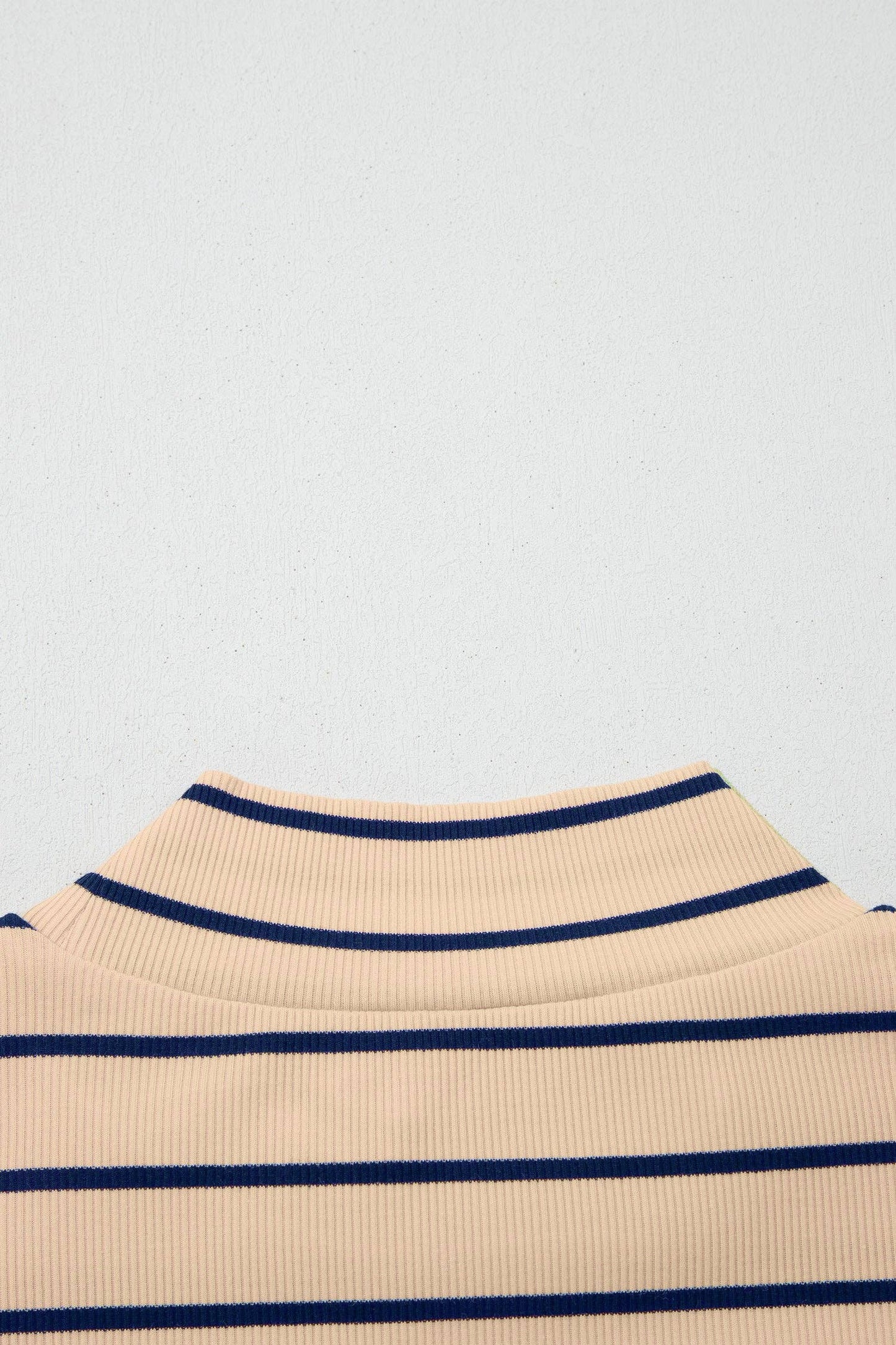 Khaki Stripe Mock Neck Short Sleeve Loose Top: Khaki Stripe / 95%Cotton+5%Elastane