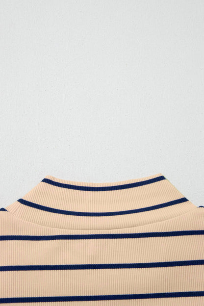 Khaki Stripe Mock Neck Short Sleeve Loose Top: Khaki Stripe / 95%Cotton+5%Elastane