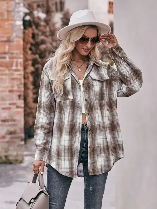 Coffee Casual Fashion Oversized Loose Plaid Shirt: Coffee / 100%Polyester