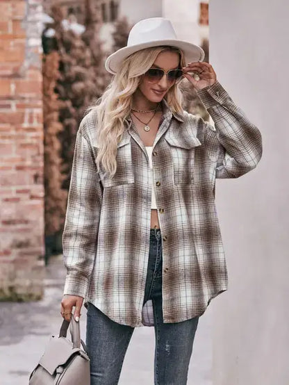Coffee Casual Fashion Oversized Loose Plaid Shirt: Coffee / 100%Polyester