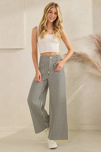 Lightweight Twill Stripe Wide Leg Pants: DK BROWN